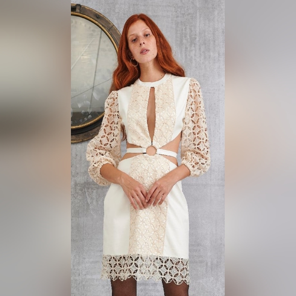 Lace Cream Polyurethane & Lace Cut Out Dress with Mock Neck